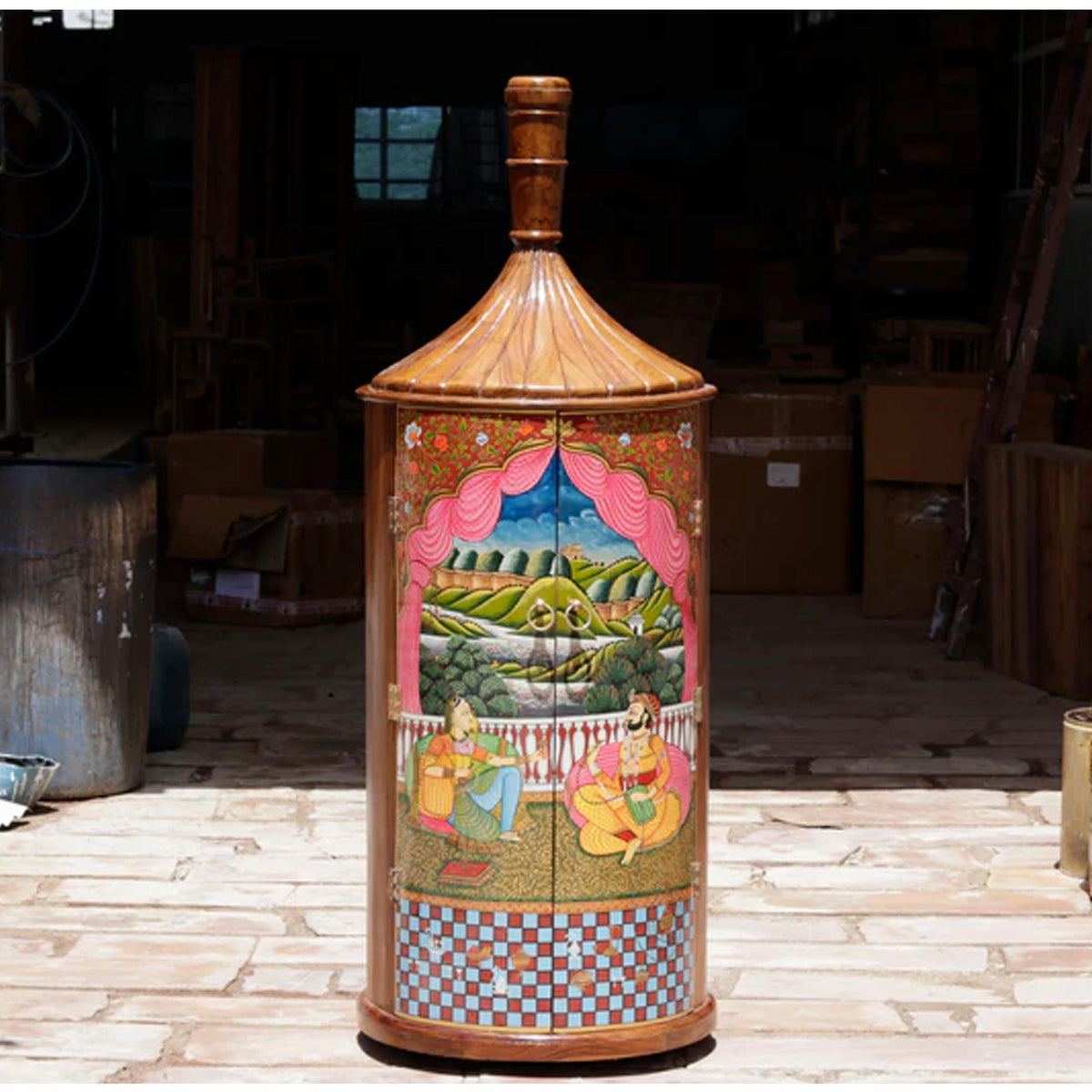 Hand-Painted Teak Wood Bottle Bar Cabinet, Mid-Century Home Furniture
