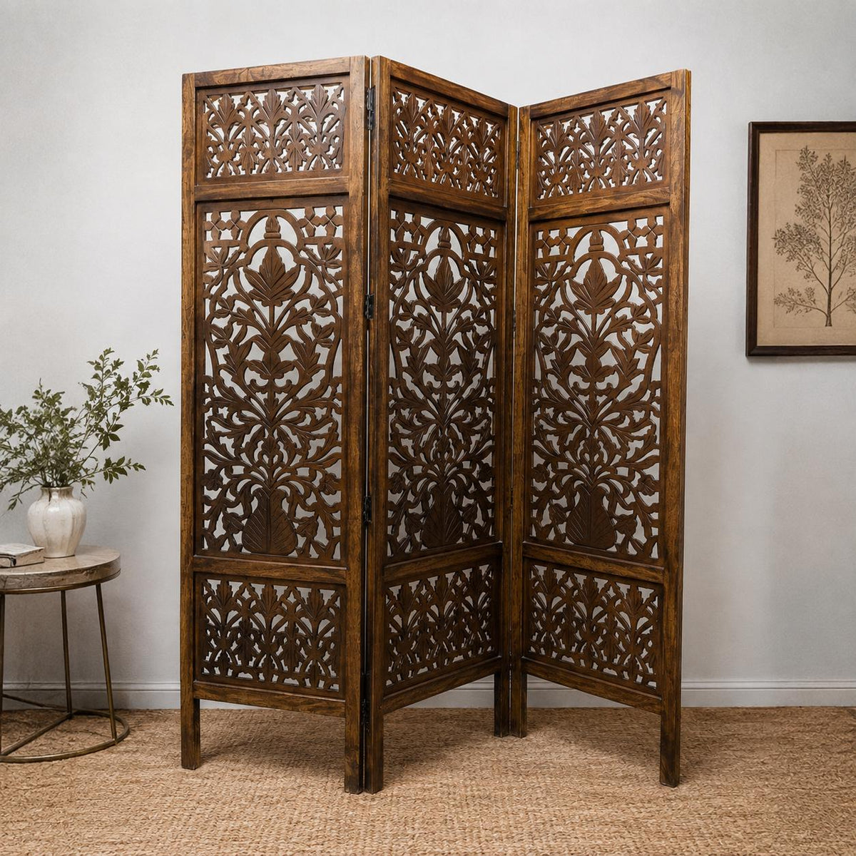 Handmade Mid-Century Modern Wooden Folding Room Divider  Mesh Design Self-Standing Partition Screen