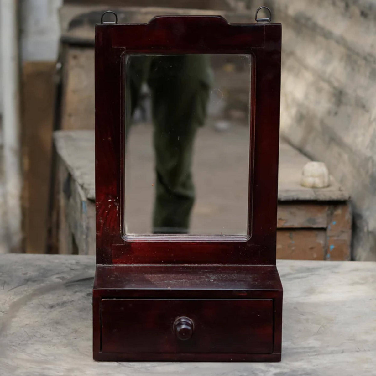 Handmade Wood Wall Mirror with Drawer: Mid-Century Wall Decor