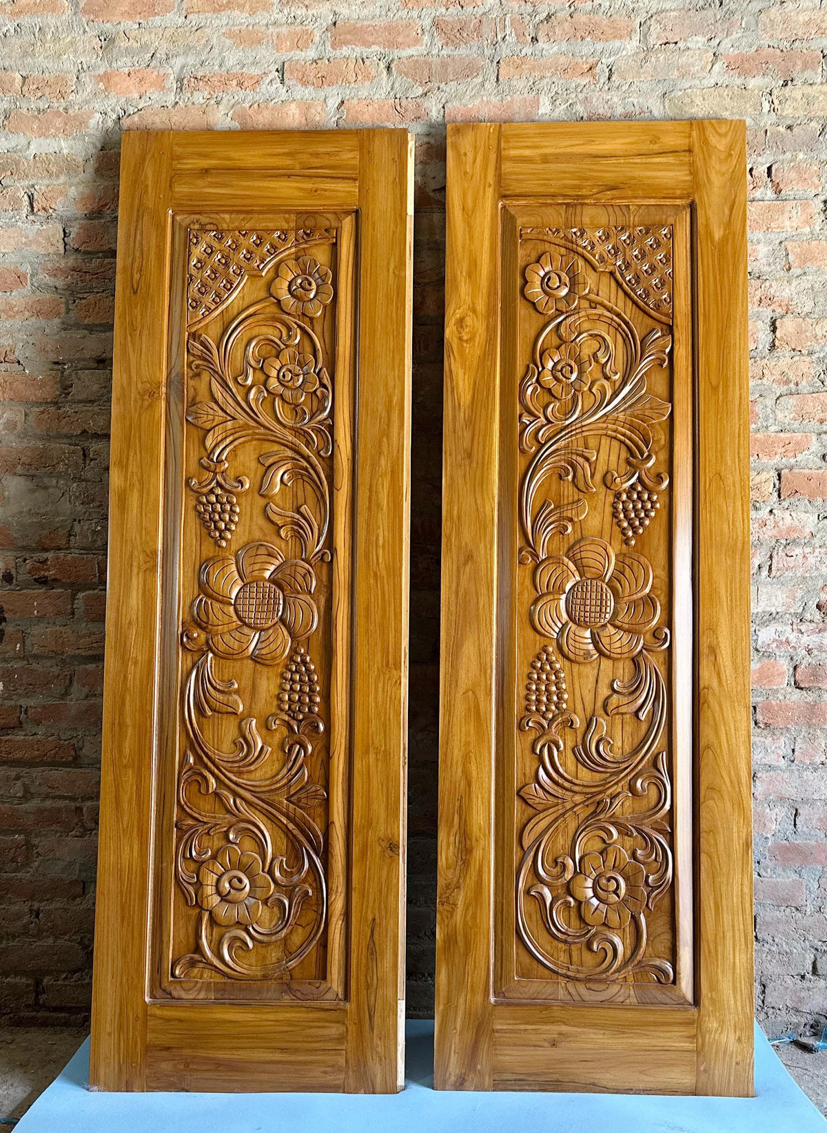 Hand Carved Custom Teak Wood Double Entry Door | Floral Exterior Entrance Door