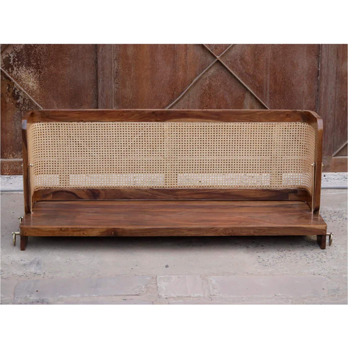 Handmade Teak Wood Hanging Swing: Brass Chain, Cane Back Rest