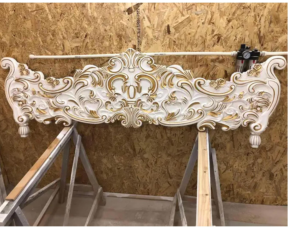 Handmade King Bed Frame, Carved Solid Wood in Gold & White