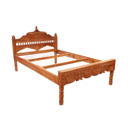 Hand Carved Teak Wood Bed, Folk Art Rococo Style