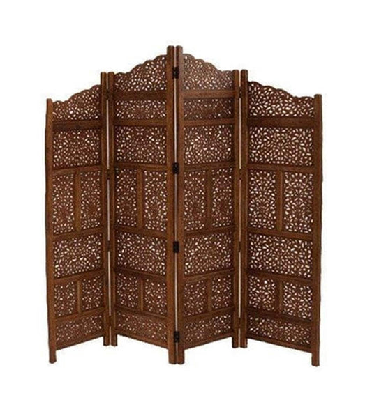 Handmade Wooden Room Divider, Folding Privacy Screen, Carved Partition, Freestanding 4 Panel Screen