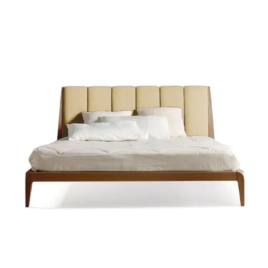 Handmade Teak Wood Upholstered Bed Frame, Velvet or Cotton Blend, Modern Design