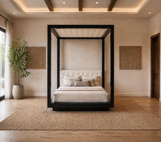 Handmade King Size Tufted Canopy Bed: Upholstered  Bed Frame