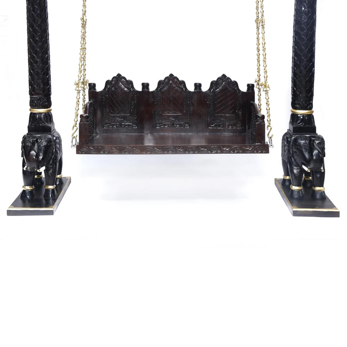 Handmade Teak Wood Swing: Elephant Carving, Brass Chain, Customizable
