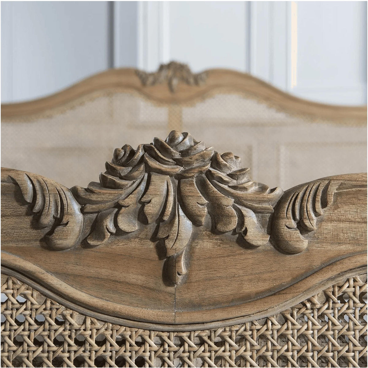 Handmade Cane and Teak Bed Frame: carved Low Post Design, Queen / King Custom Size