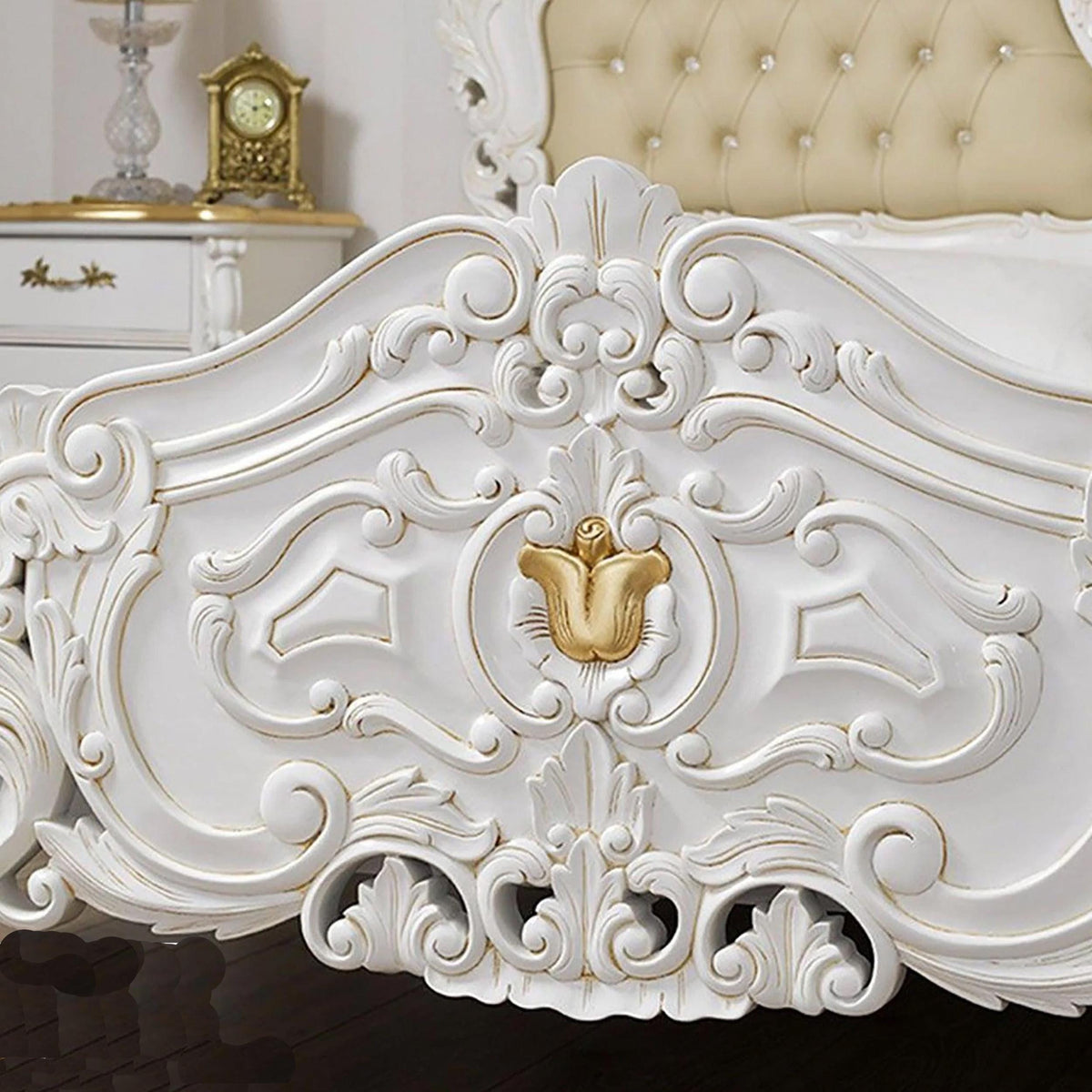 Handmade Giltwood Bed Frame: Tufted Carved Queen/King