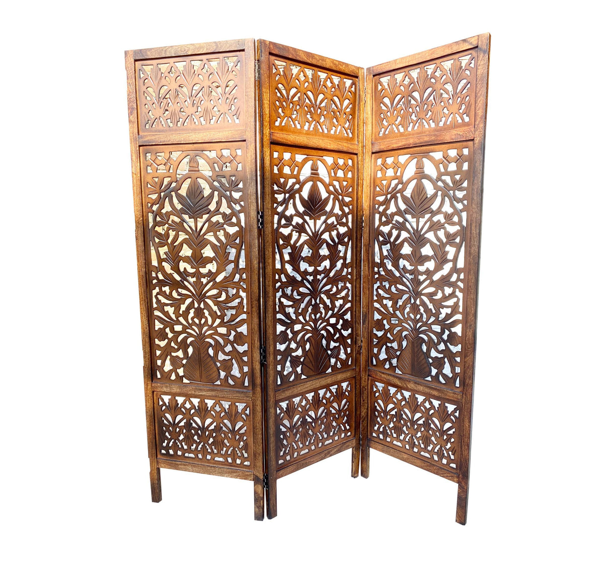 Handmade Mid-Century Modern Wooden Folding Room Divider  Mesh Design Self-Standing Partition Screen