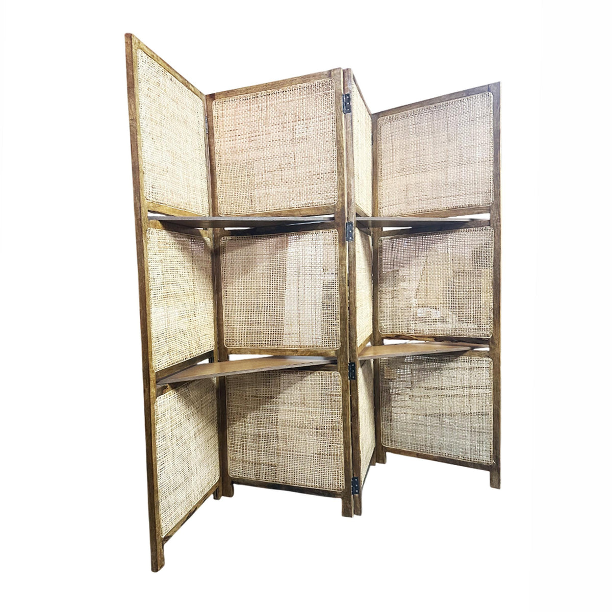Natural Rattan cane Room partition Screen with shelf , Folding Divider, Mid-century Separator shelf organiser