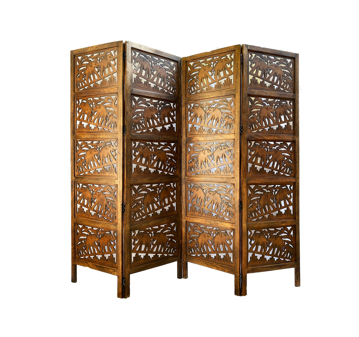 Mid century Elephant carving Design Wooden Folding Divider, Partition, Handmade Self standing separator