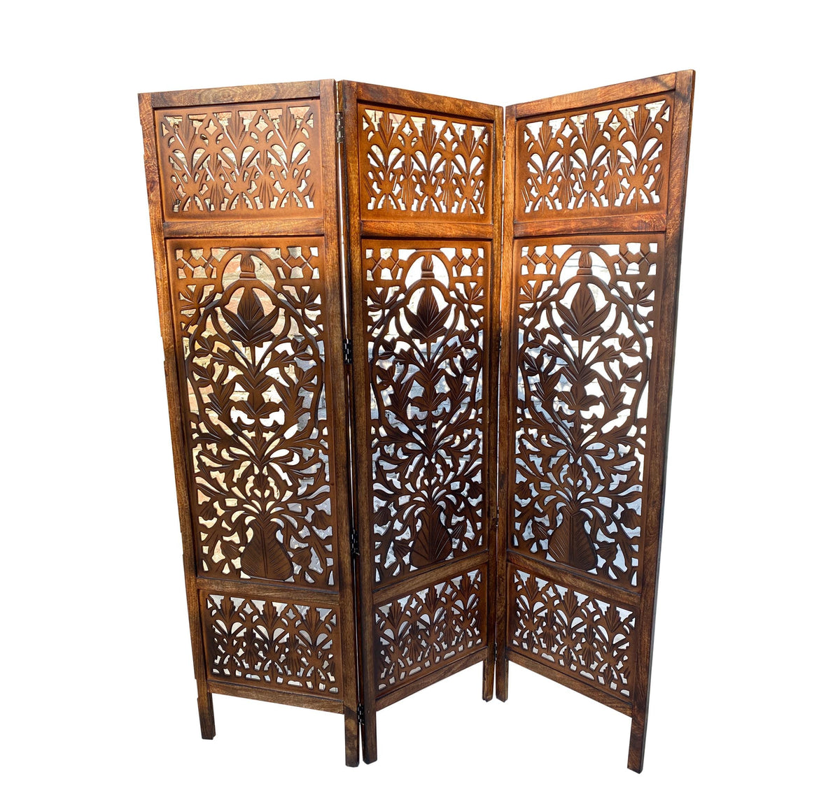 Handmade Mid-Century Modern Wooden Folding Room Divider  Mesh Design Self-Standing Partition Screen