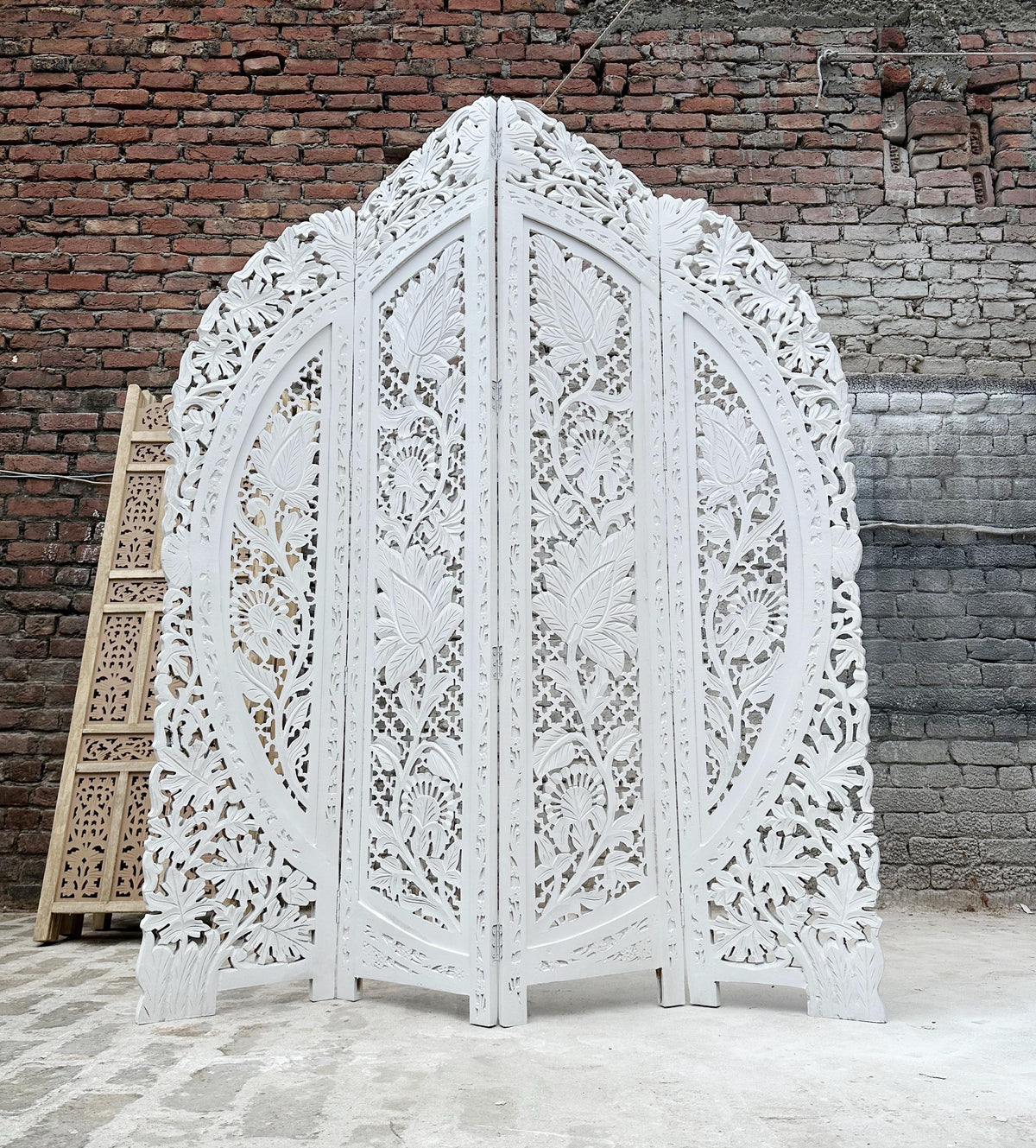 Mid Century Modern Floral Wood Folding Room Divider: Handmade Screen matte white