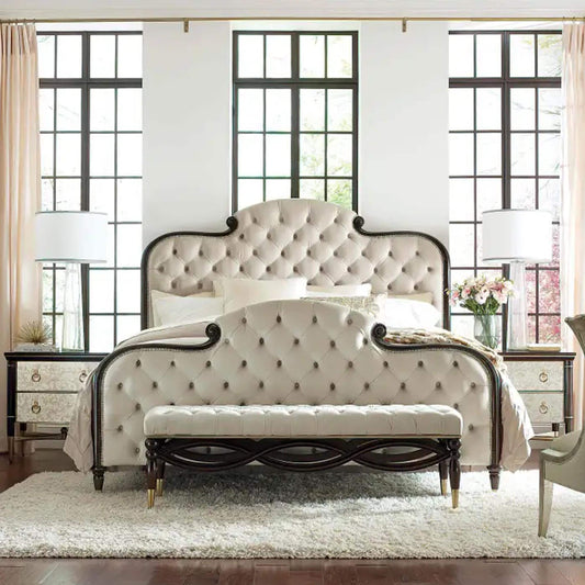 Handmade Tufted King Size Bed Frame, Low-Post carved Style