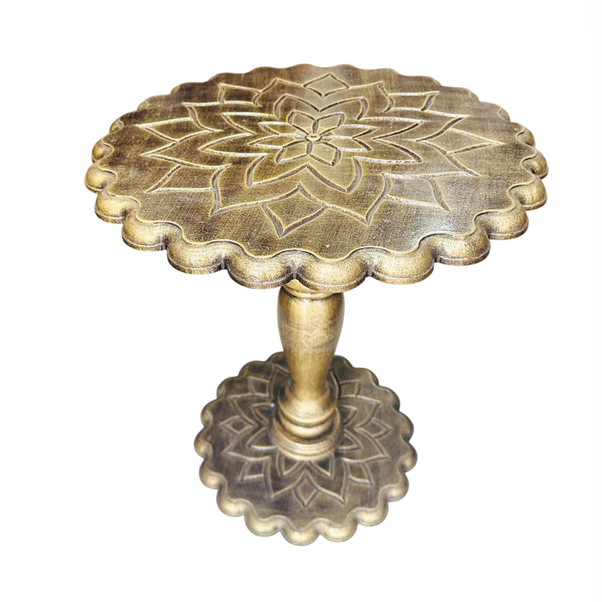 Hand Carved Mango Wood Coffee Table: lotus design, copper shade, folding design