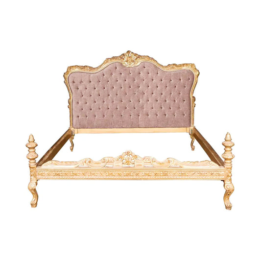 Handmade Cared Style Giltwood Bed with Violet Tufted Headboard