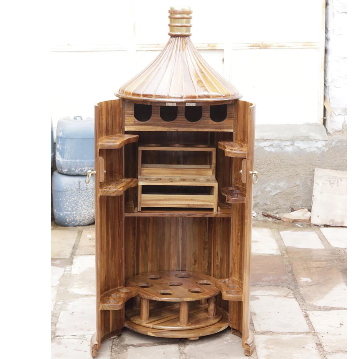 Hand-Painted Teak Wood Bottle Bar Cabinet, Mid-Century Home Furniture