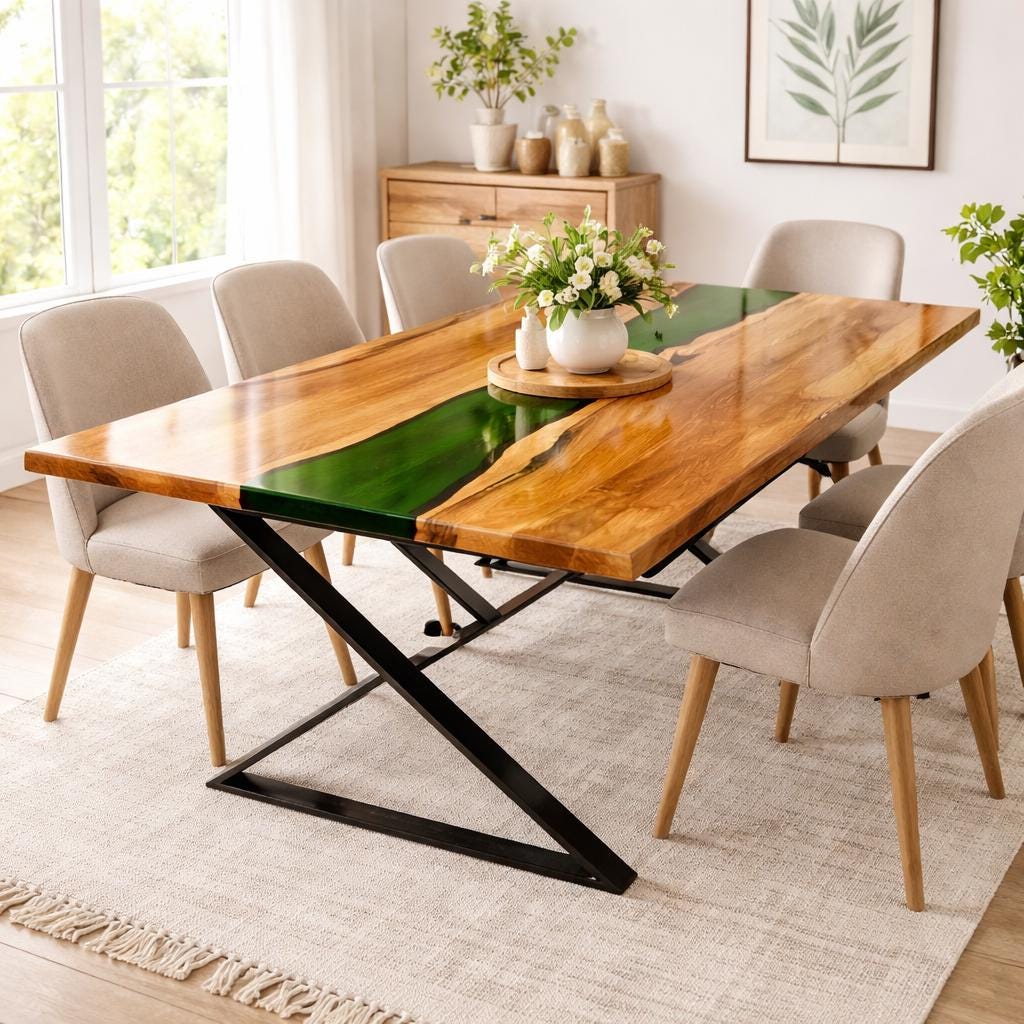 Live Edge Teak Wood Epoxy River Dining Table, Custom Size, High Gloss Finish