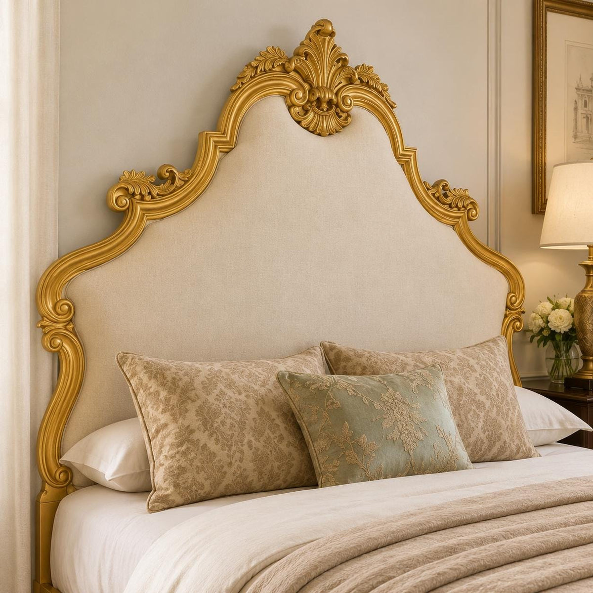 Wooden Large Gilt Wood King/Queen Headboard, 20th Century Gold Handmade Headboard