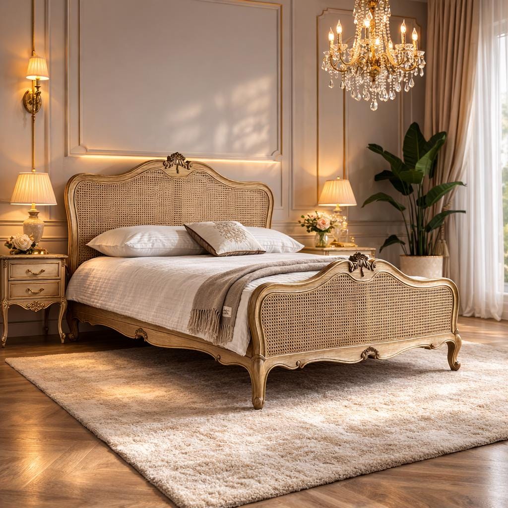 Handmade Cane and Teak Bed Frame: carved Low Post Design, Queen / King Custom Size