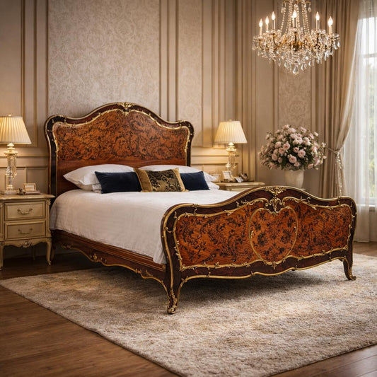 Handmade Marquetry Mahogany King Bed: Gilt Bronze carved Style