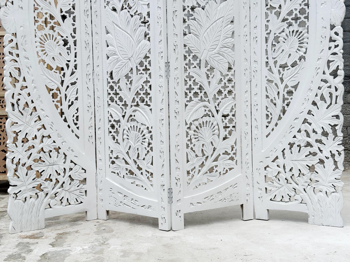 Mid Century Modern Floral Wood Folding Room Divider: Handmade Screen matte white