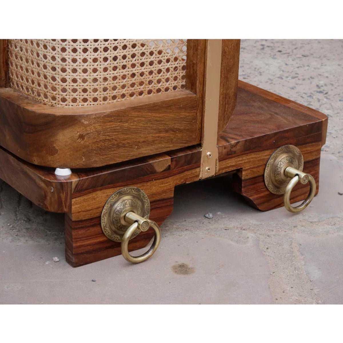 Handmade Teak Wood Hanging Swing: Brass Chain, Cane Back Rest