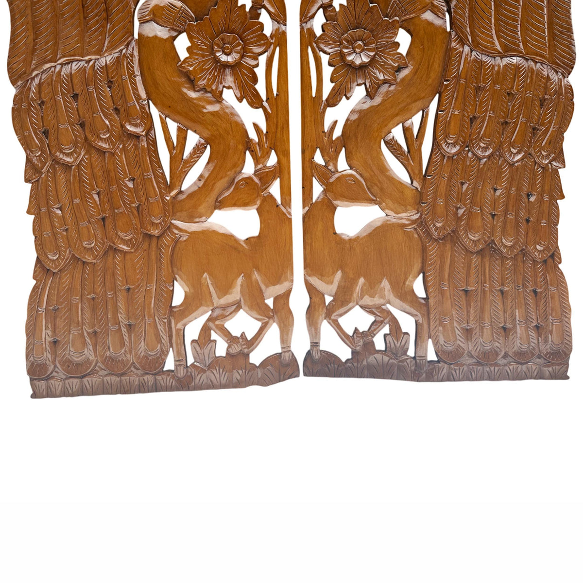 Mid-Century Modern Carved Wood Wall Panels: Peacock & Deer Art, Set of 2