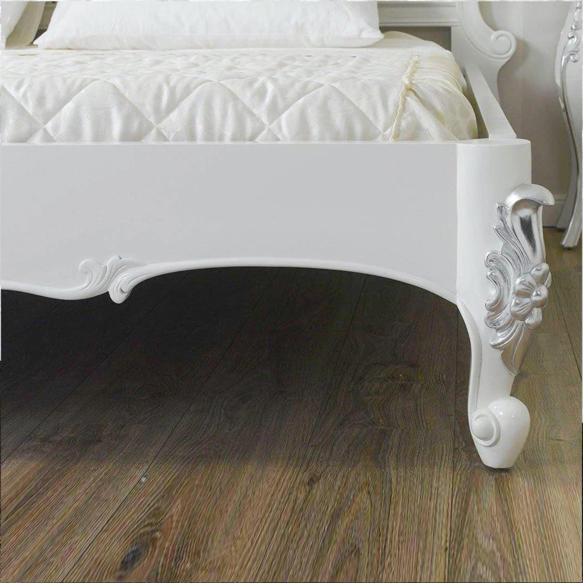solid teak wood Bed Frame, White & Silver Giltwood with Tufted Headboard