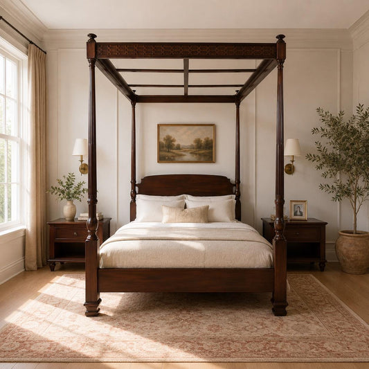 Handmade Carved Mahogany Canopy Bed: Mid-Century Modern King/Queen