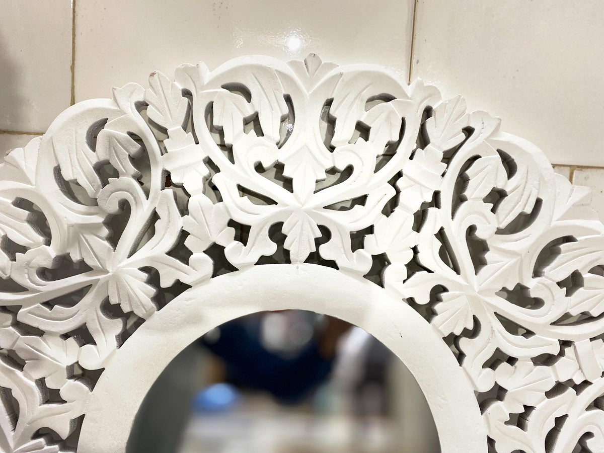 Handmade Carved Wood Mirror Frame: White Wall Hanging Decor