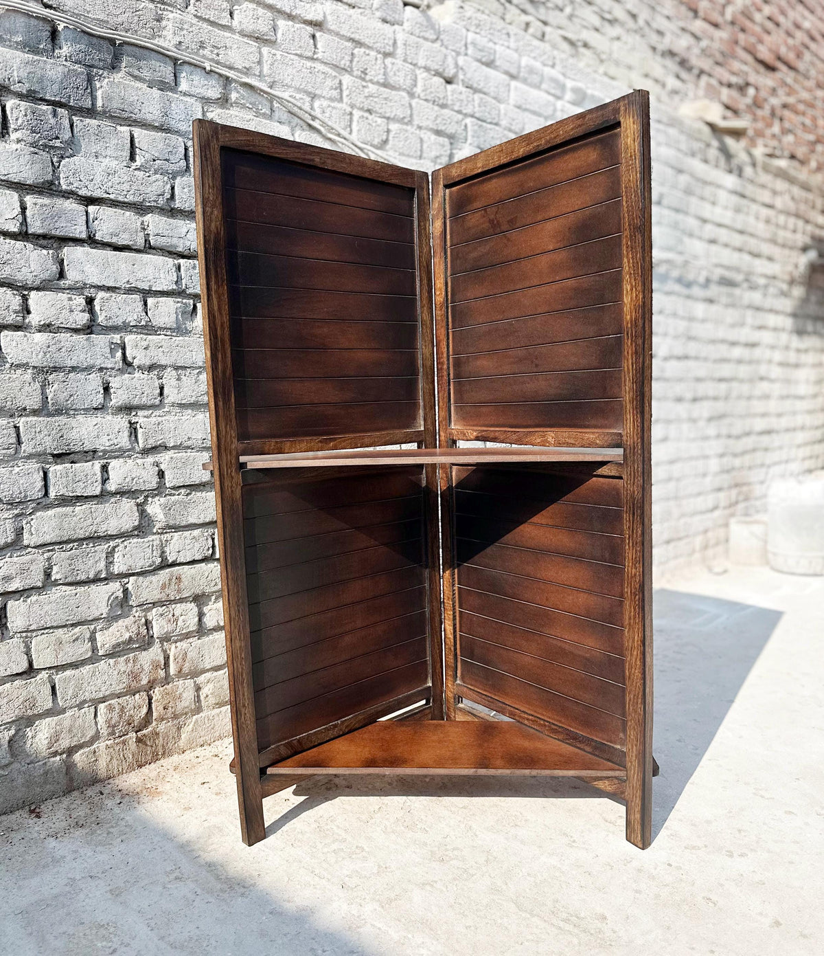 Mid Century Folding Partition with Shelf: Handmade Wooden Room Divider
