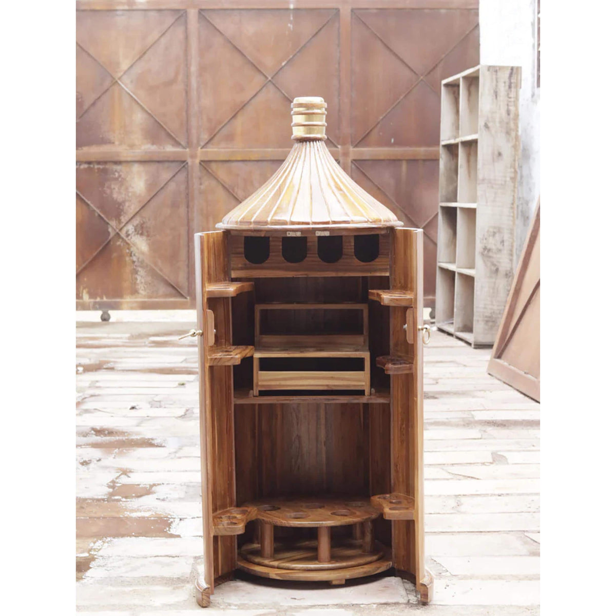 Hand-Painted Teak Wood Bottle Bar Cabinet, Mid-Century Home Furniture
