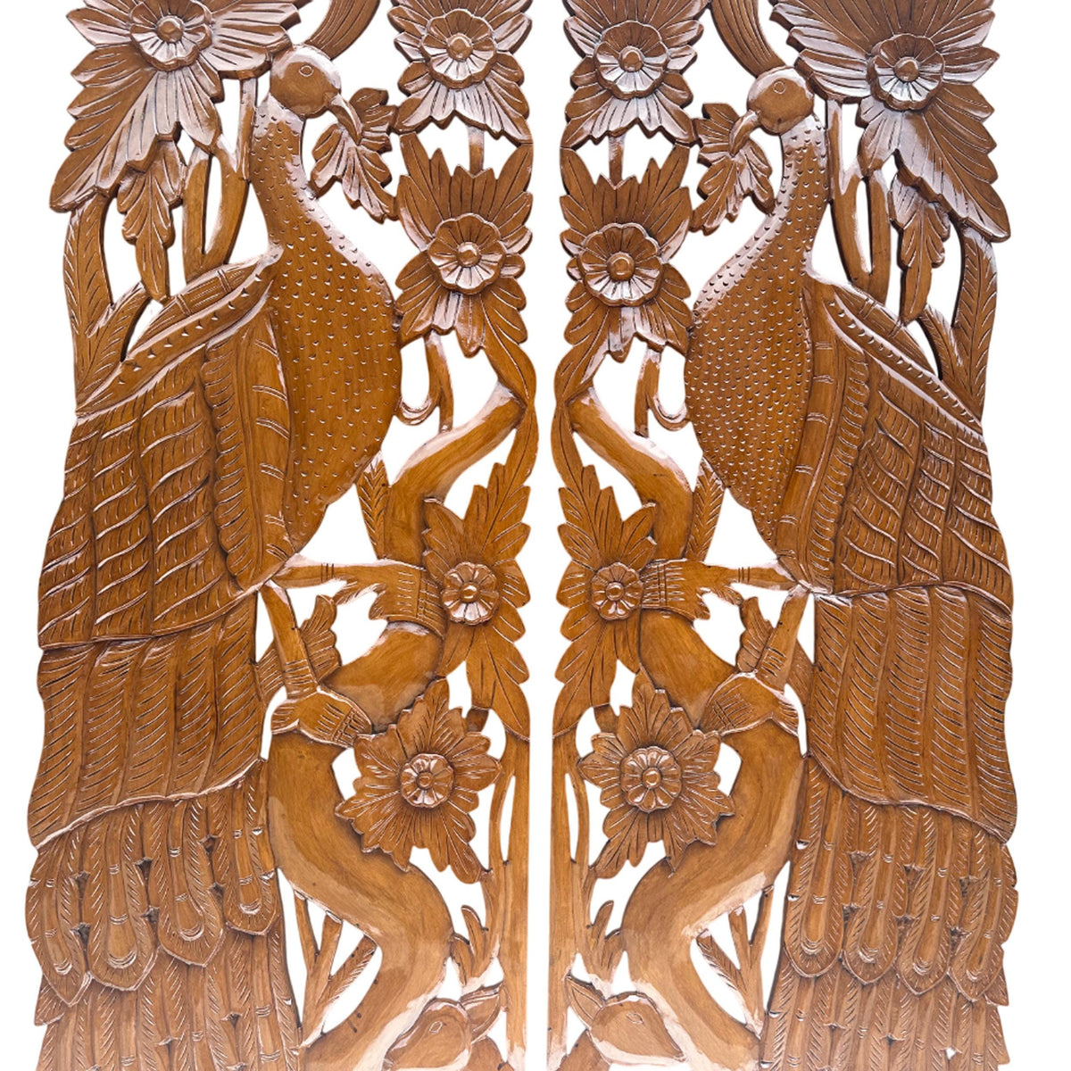 Mid-Century Modern Carved Wood Wall Panels: Peacock & Deer Art, Set of 2
