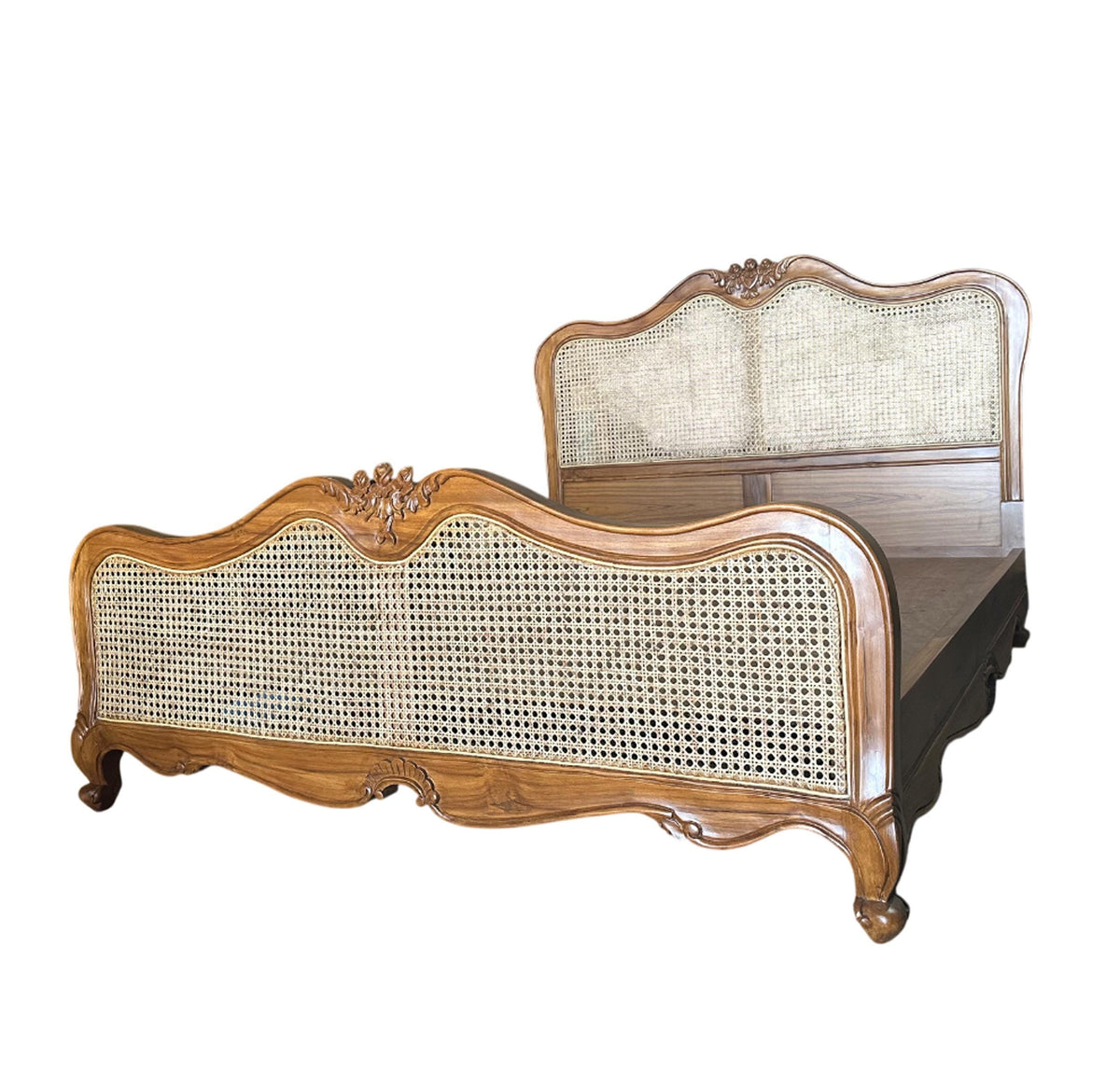 Handmade Cane and Teak Bed Frame: carved Low Post Design, Queen / King Custom Size