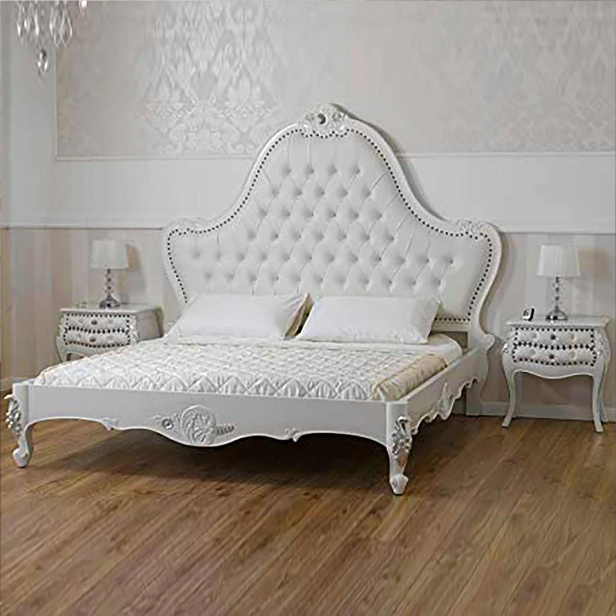 solid teak wood Bed Frame, White & Silver Giltwood with Tufted Headboard