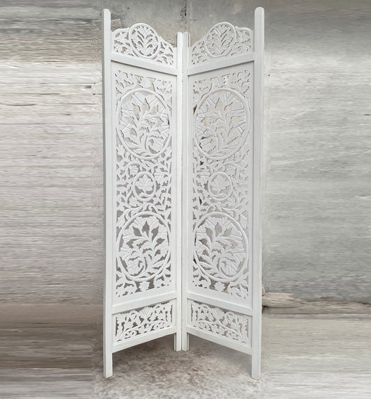 Handmade Lotus Wooden Folding Room Divider: White Carved Screen