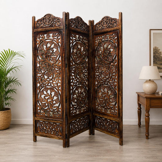 Handmade Lotus Wood Folding Room Divider: Brown Partition Screen