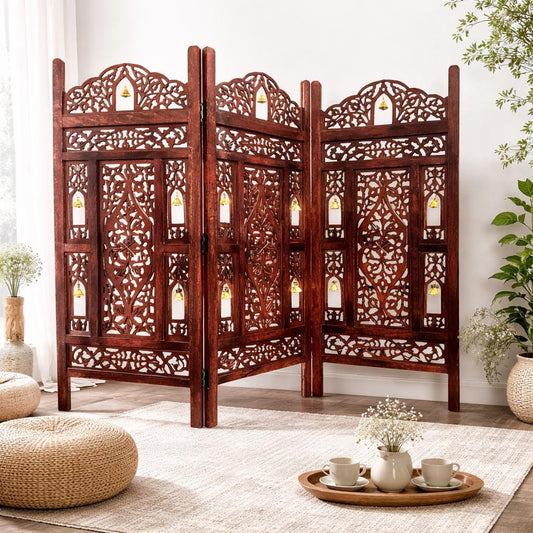Mesh and Bell Style Wooden Folding Divider, Partition, Handmade Self standing separator