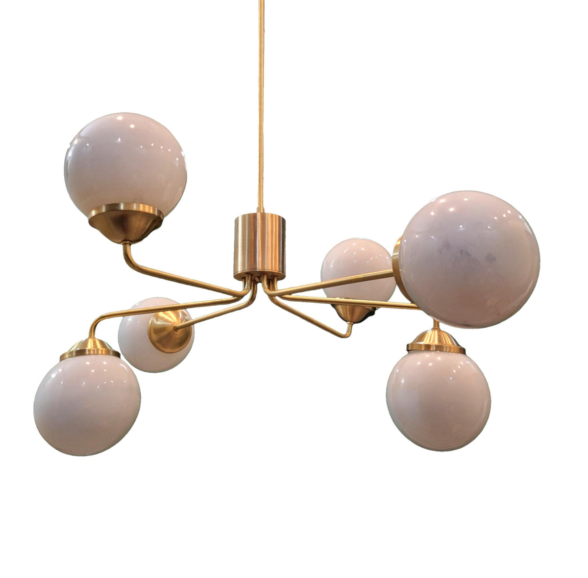 Opal Globe Multi-Arm Brass Chandelier, Mid-Century Style Ceiling Light