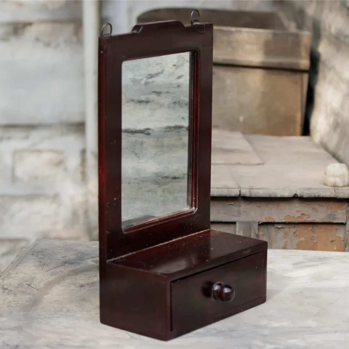 Handmade Wood Wall Mirror with Drawer: Mid-Century Wall Decor