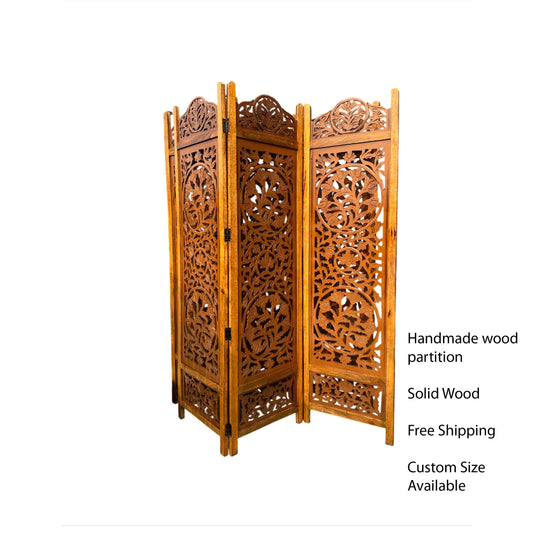 Handmade Lotus Wood Folding Room Divider: Golden teak Finish Partition Screen