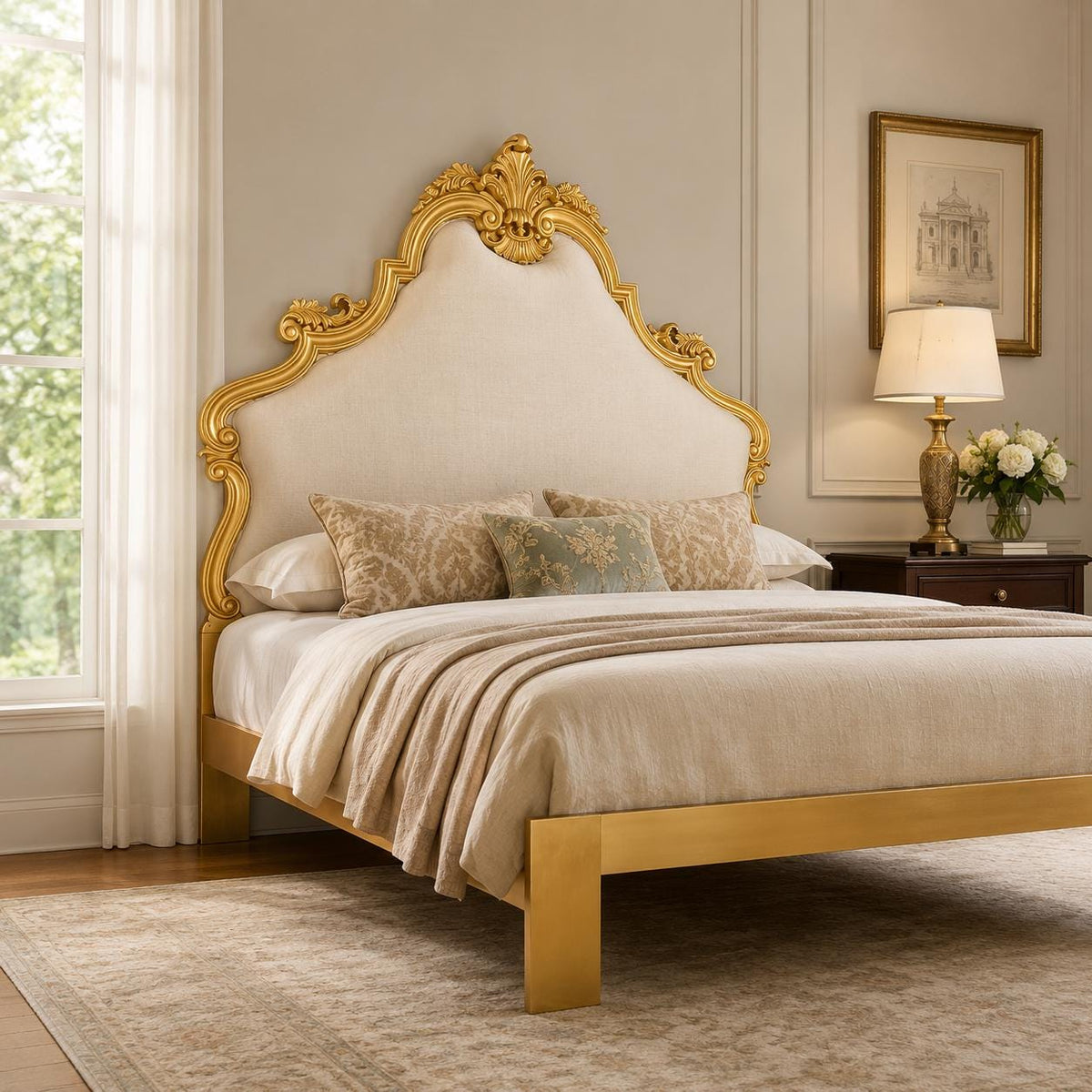 Wooden Large Gilt Wood King/Queen Headboard, 20th Century Gold Handmade Headboard