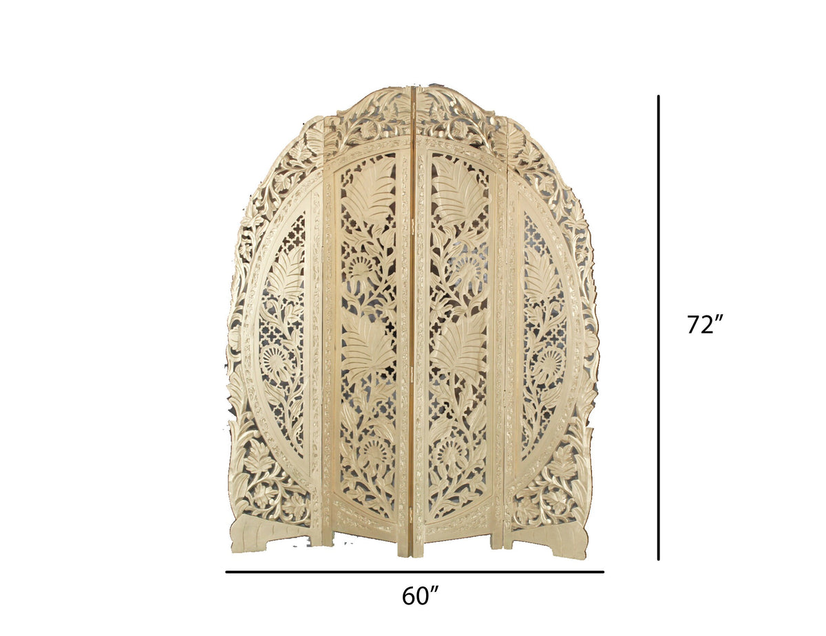 Mid Century Modern Floral Wood Folding Room Divider: Handmade Screen matte white