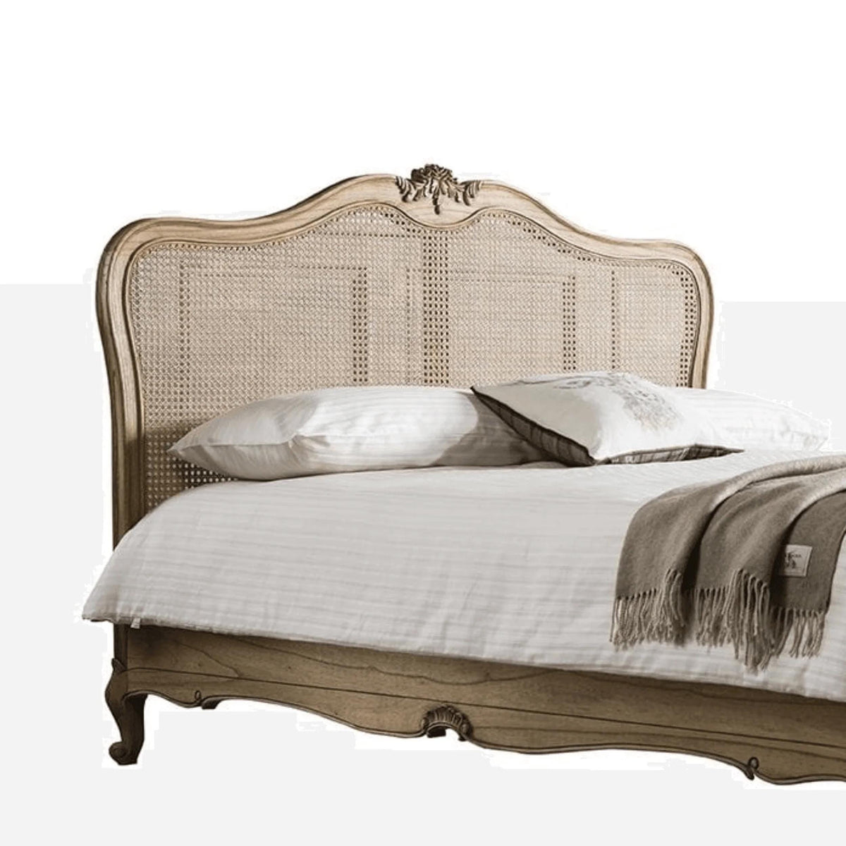 Handmade Cane and Teak Bed Frame: carved Low Post Design, Queen / King Custom Size