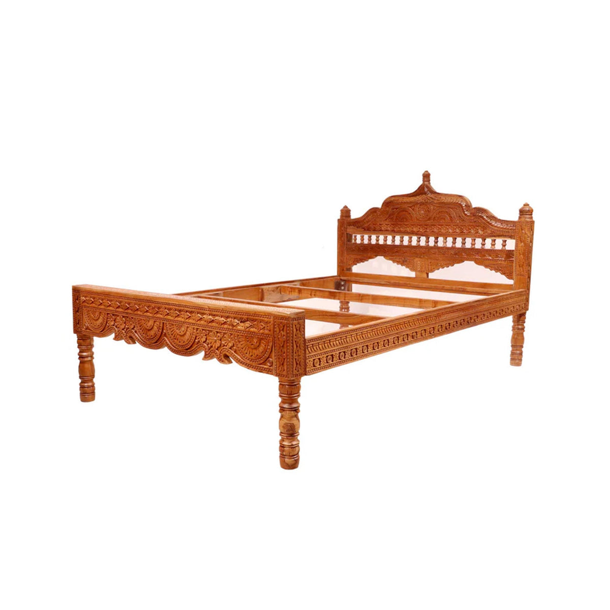 Hand Carved Teak Wood Bed, Folk Art Rococo Style