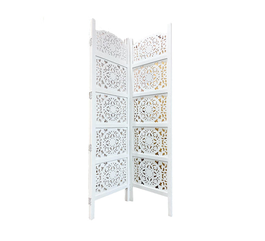 Handmade White Wooden Folding Room Divider, Mesh Design