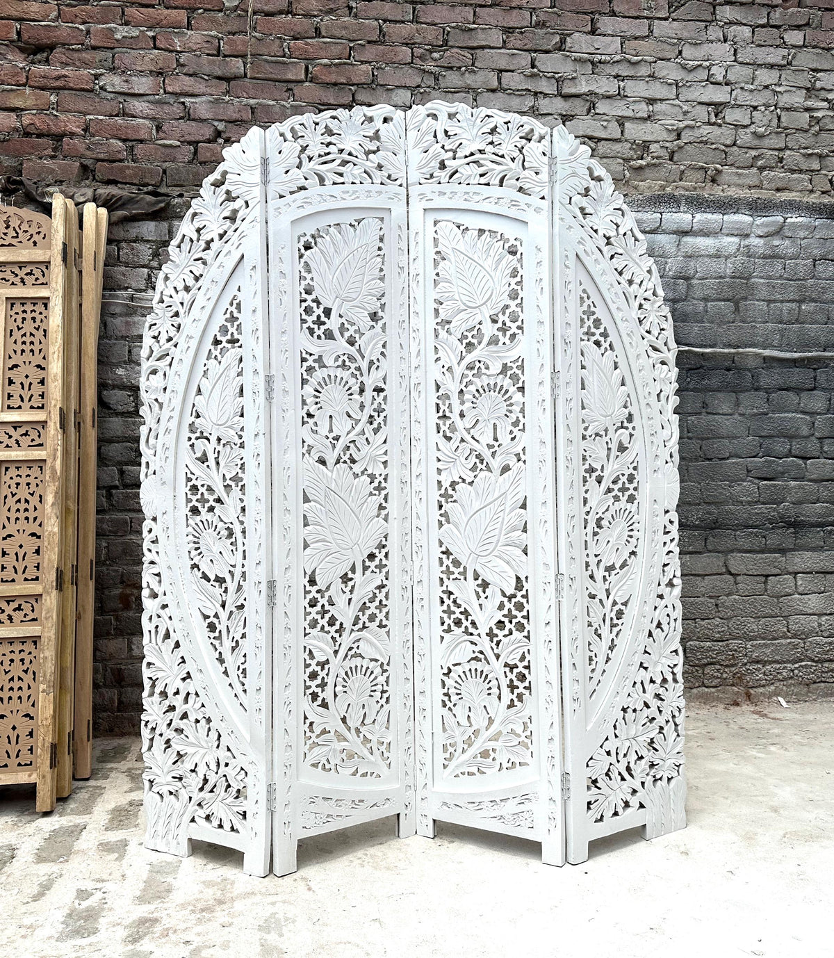 Mid Century Modern Floral Wood Folding Room Divider: Handmade Screen matte white