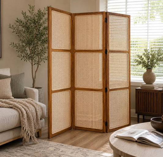 Handmade Rattan Cane Room Divider, Solid Wood Folding Screen, Boho Privacy Partition